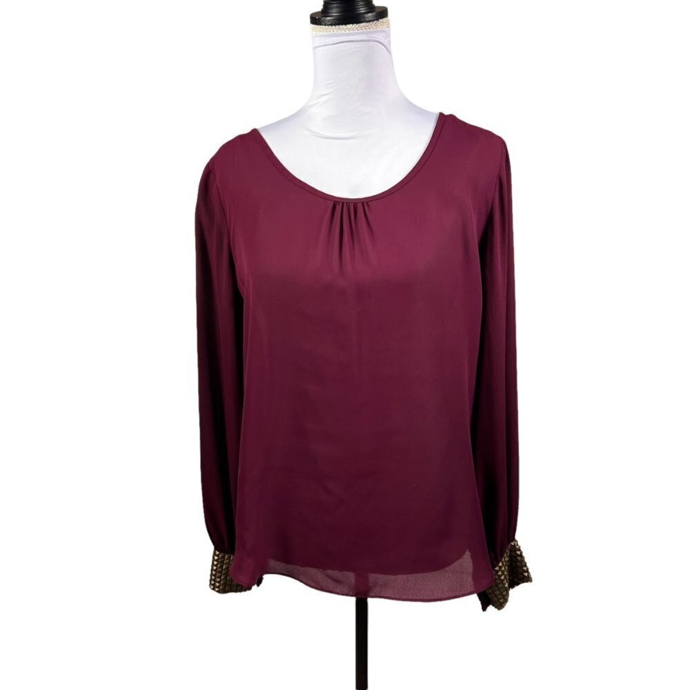 𝅺A. Byer Blouse Top Burgundy Red Long Sleeve Metal Stud Cuffs size Medium